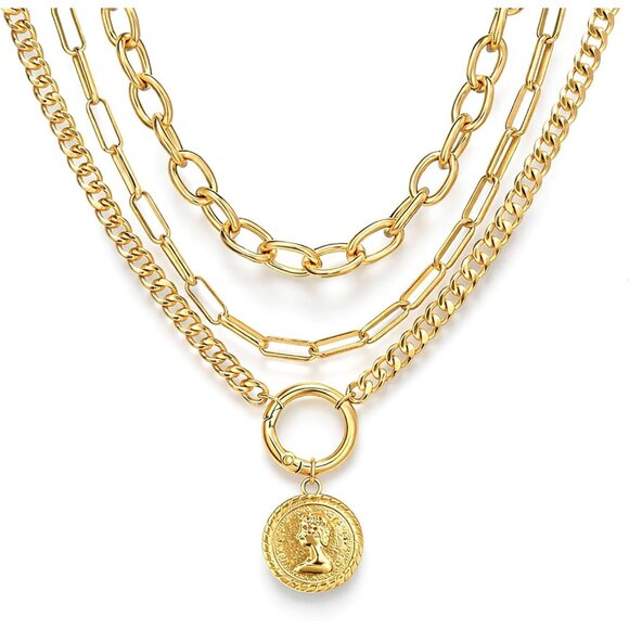 Jewelry - Vintage Gold Layered Necklaces for Women Trendy, Chunky Cuban Link Paperclip Cha